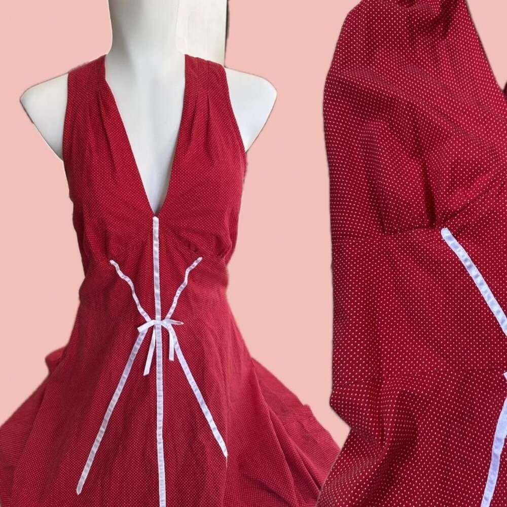 Charming handmade red dress with mini white polka dots